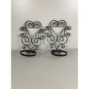 Vintage Black Wrought Iron Wall Heart Sconce Plant Holder Garden Set of 2